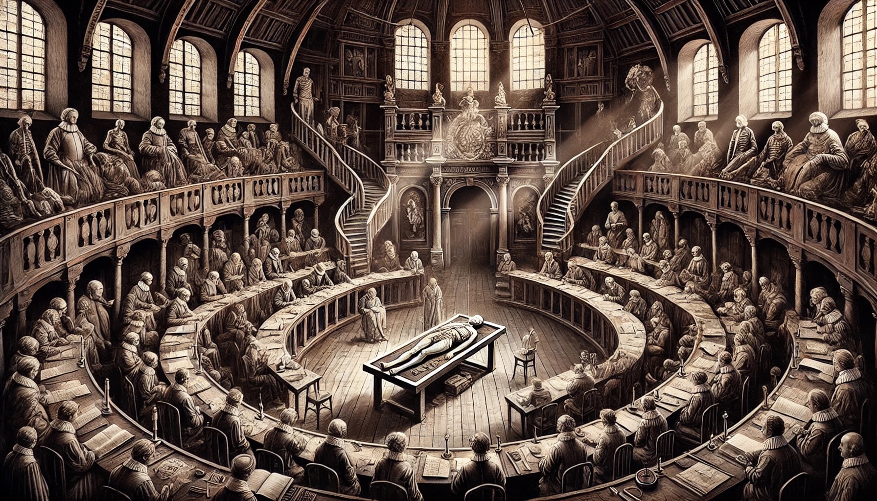 Grafika przedstawia scenę teatru anatomicznego z epoki renesansu. Na środku owalnej sali z audytorium znajduje się st&oacute;ł sekcyjny z ciałem. Stoją przy nim dwie postacie. Wok&oacute;ł, miejsca w rzędach na piętrach zajmuje publiczność.